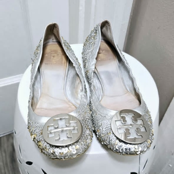 Tory Burch Reva Silver Sequins/Glitter Ballet Flats Shoes Size 8.5🌴 - Picture 3 of 11